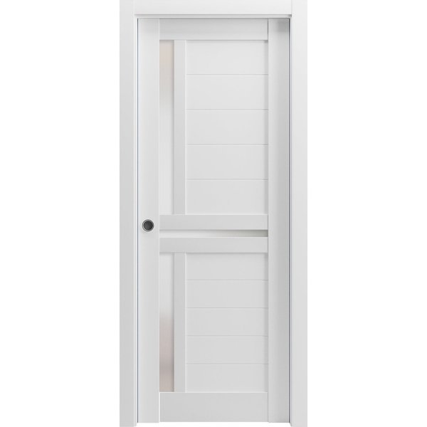 Sartodoors Sliding French Pocket Door 28 x 80in W/, White Silk W/ Frosted Glass, Kit Trims Rail Hardware VEREGIO7288PD-WS-28